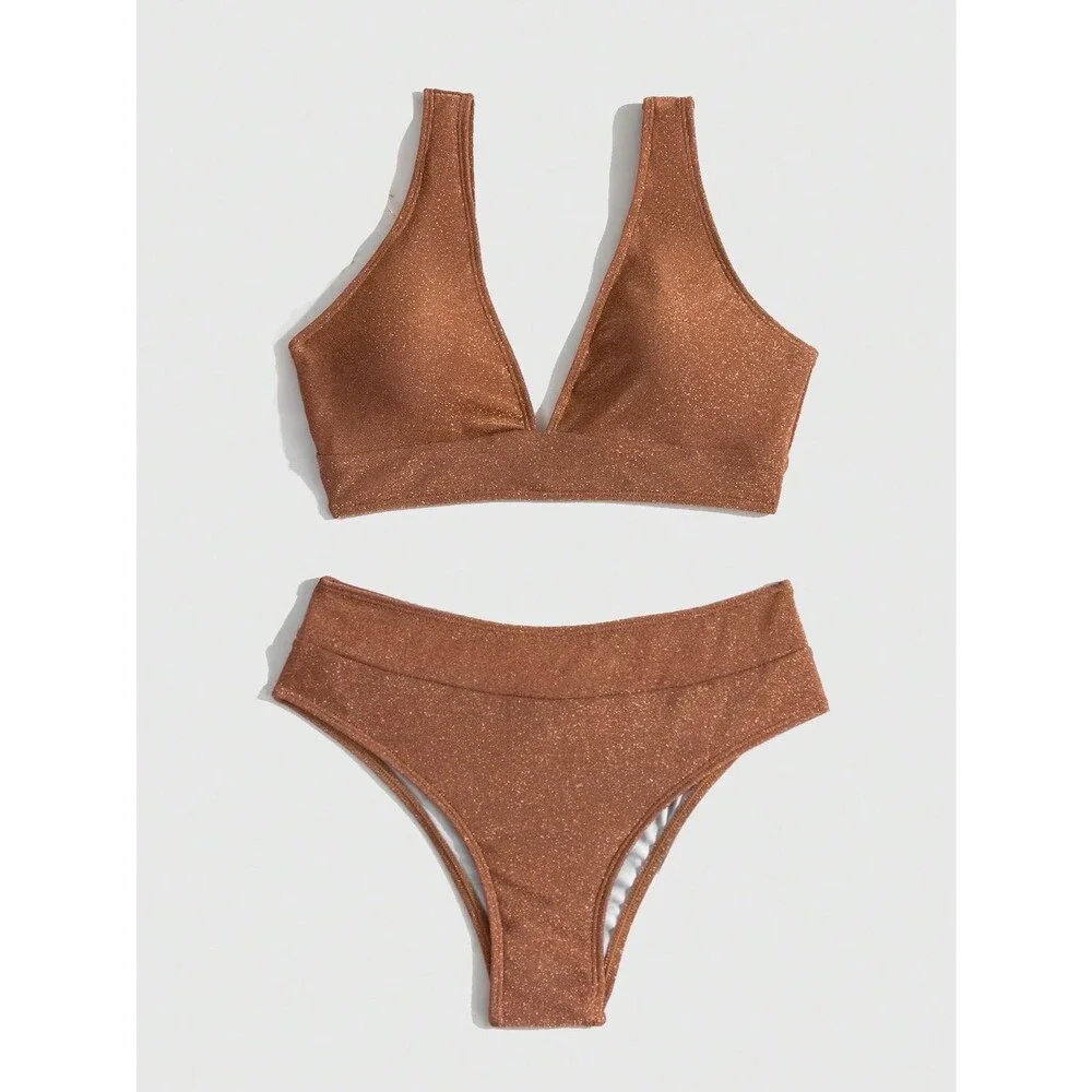 SweatyRocks Women's Rust Brown Solid V Neck High Waist Bikini Set Summer M
